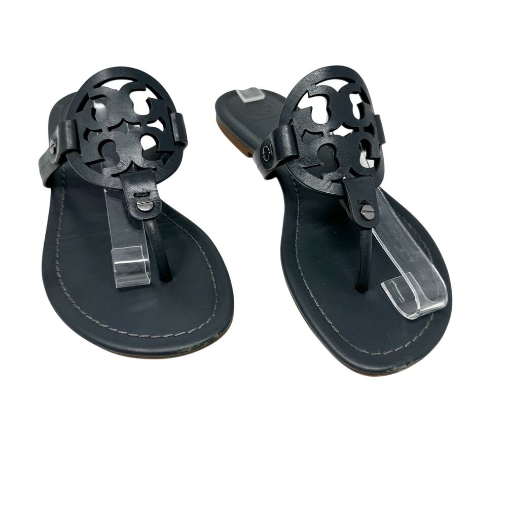 Tory Burch Miller Sandal Gray Leather Thong Flat Logo Size 7.5